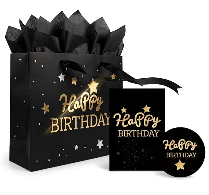 DOUBLESHOOT Black Birthday Gift Bag with Tissue Paper and Greeting Card, Medium Gift Bag 13 x 10.2 x 4.9 inches, Gold Foil Happy Birthday Stars and Dots Design, Gift Wrap Bag for Men, Boys, Dad, Him