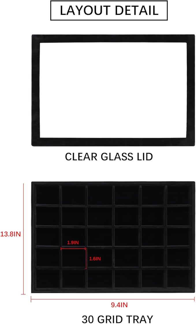 Wudygirl Jewelry Organizer Set of 2 Stackable Jewelry Tray Velvet Earring Holder Organizer 30 Grid Earring Storage with Lid Ring Holder Drawer Inserts Divider Storage for Women (Black)