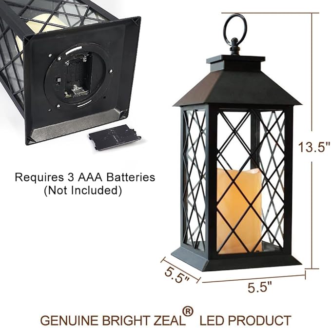 2-Pack 13.5" Vintage Candle Lantern with LED Pillar Candle (Black, 6hr Timer) - IP44 Waterproof Battery Powered Decorative Light - Outdoor Patio Hanging Lantern Decorative Tabletop Light