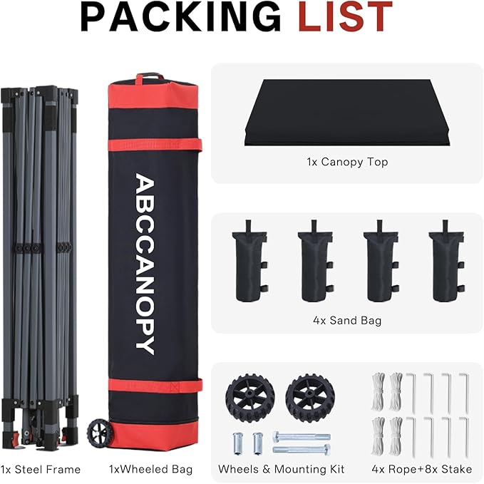ABCCANOPY 8x8 Pop Up Canopy Tent, Easy Setup Instant Shelter with Wheeled Bag, Heavy Duty Outdoor Canopy for Beach, Market, Backyard, UV Protection, Outdoor Weather Protection (Black, 8x8)