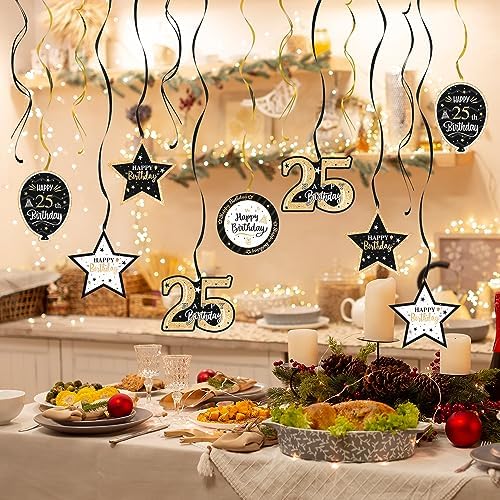Happy 25th Birthday Black & Gold Glitter Swirls Streamers Party Decorations - 15 Pcs 25th Birthday Hanging Swirls Streamers Kit,Perfect for 25th Bday Party Sign.