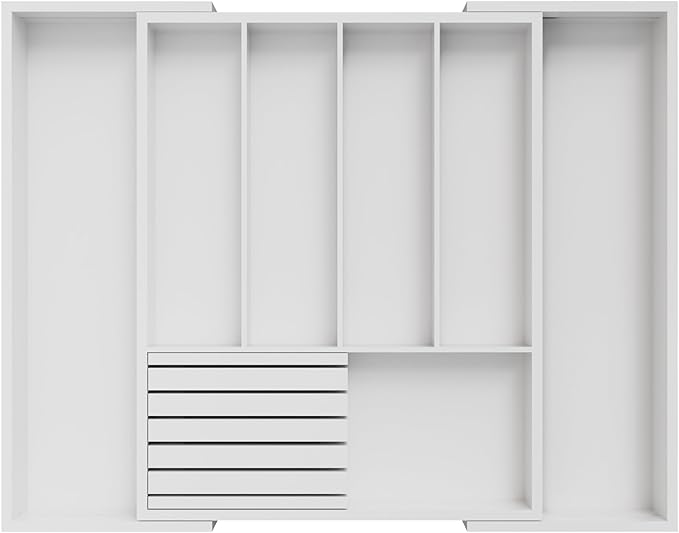 Bamboo Kitchen Silverware Drawer Organizer - Expandable Wood Utensil Holder with Dividers, Luxury Cutlery Storage Tray for Kitchen Utensil and Flatware (5-7 Slots with Removable Knife Block, (White)
