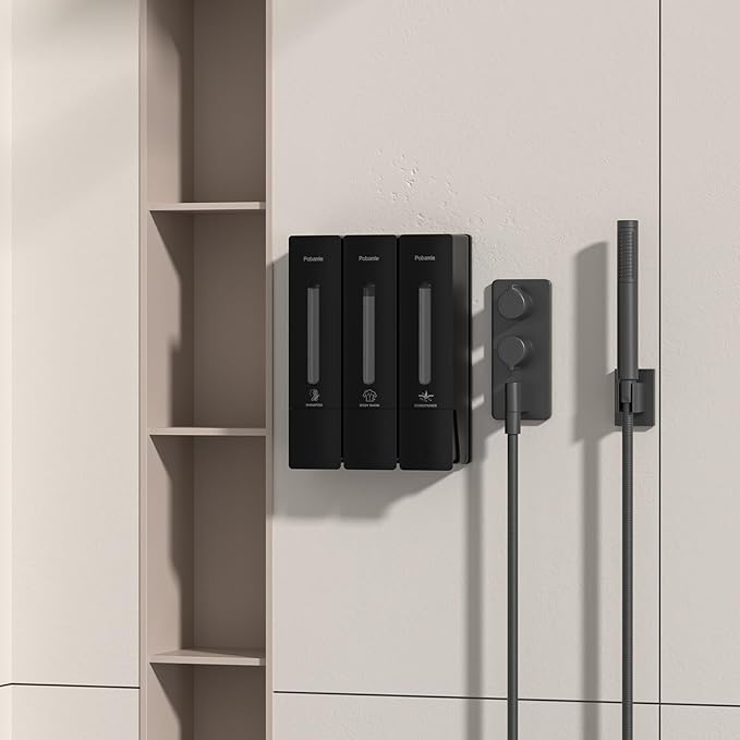 1984 Shower Soap Dispenser Bathroom Set Shampoo Conditioner Body Wash Dispenser Wall Mounted Shower Shampoo Dispenser 3 Chamber No Drill for Home Star Hotel 3 x 400ml Black