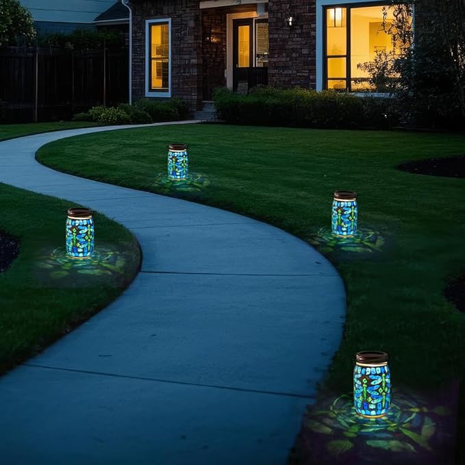 Starsoul 2 Pack Solar Hanging Lanterns Outdoor Waterproof, Mosaic Dragonfly Decor Glass Solar Outdoor Lights, Decorative Solar Lantern for Outside Pathway Patio Porch Yard Decor