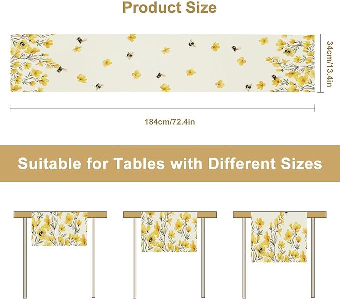 Yellow Wild Flowers Table Runner, Rustic Farmhouse Watercolor Daisy Floral Branches Bees Print Table Runner for Kitchen Dining Room Party Picnic Table Decor, 13x90inch