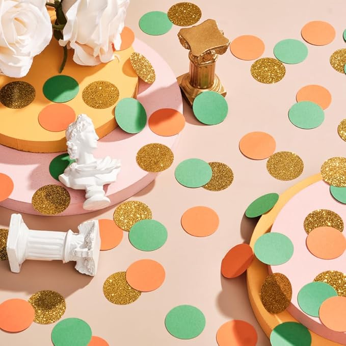 Gold Orange and Green Confetti Table Decoration for Baby Shower Jungle Tropical Summer Birthday Graduation Party, 1.2 inch in Diameter, 200 Counts