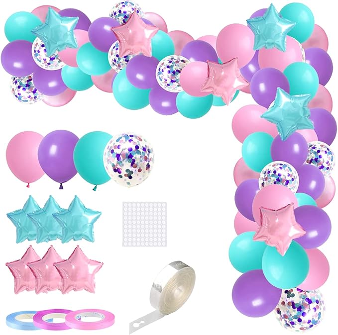 Teal Blue Pink Purple Balloon Arch Garland Kit - Aqua Turquoise Blue Balloons Pink Purple Balloons Baby Girl Birthday Balloons for Under the Sea Princess Birthday Baby Shower Party Decorations