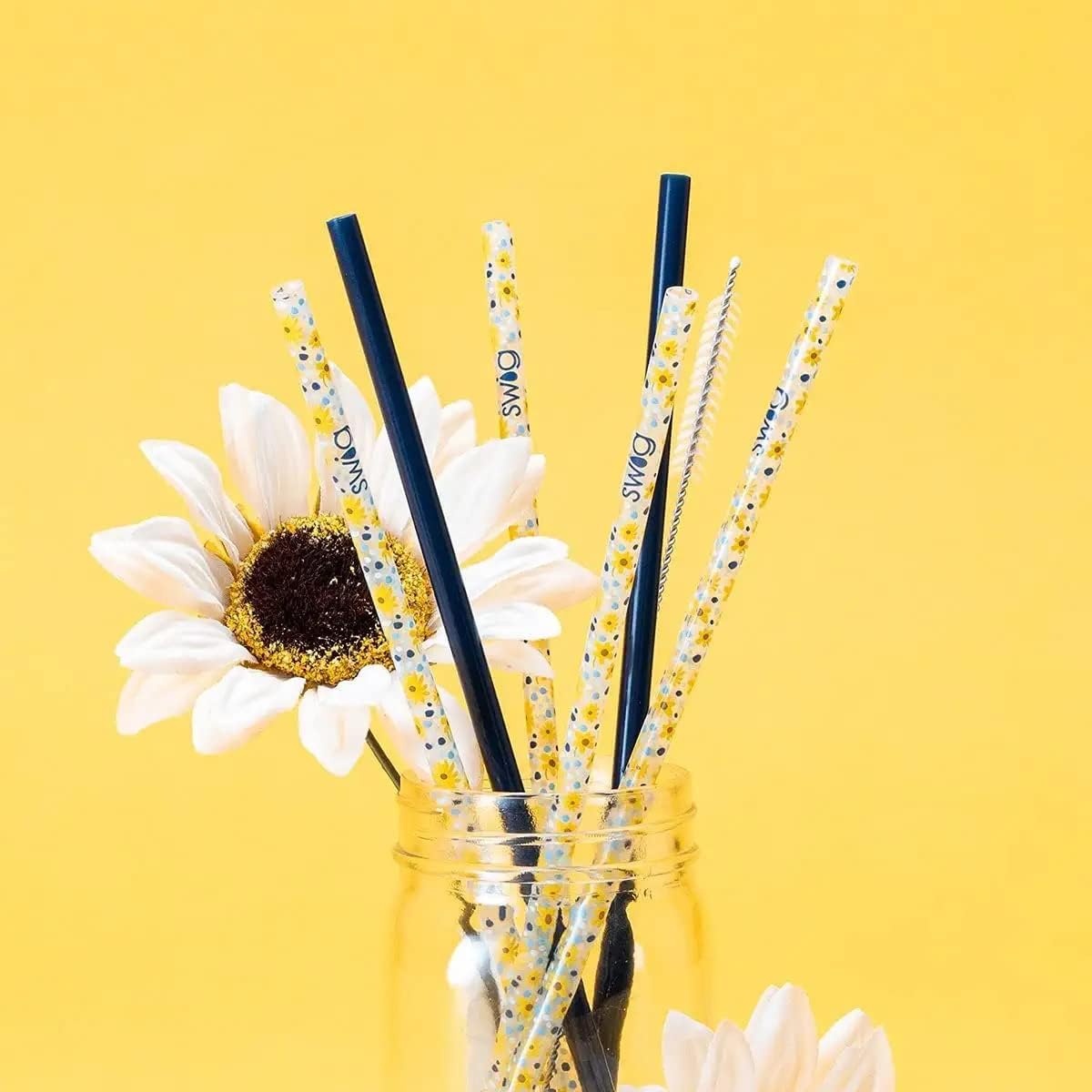 Swig Life Reusable Straw Set with Cleaning Brush, Oh Happy Day + Pink | Reusable Straw Set - Cleaning Brush Included - 14 Inch Long - Accessories for Cups & Mugs