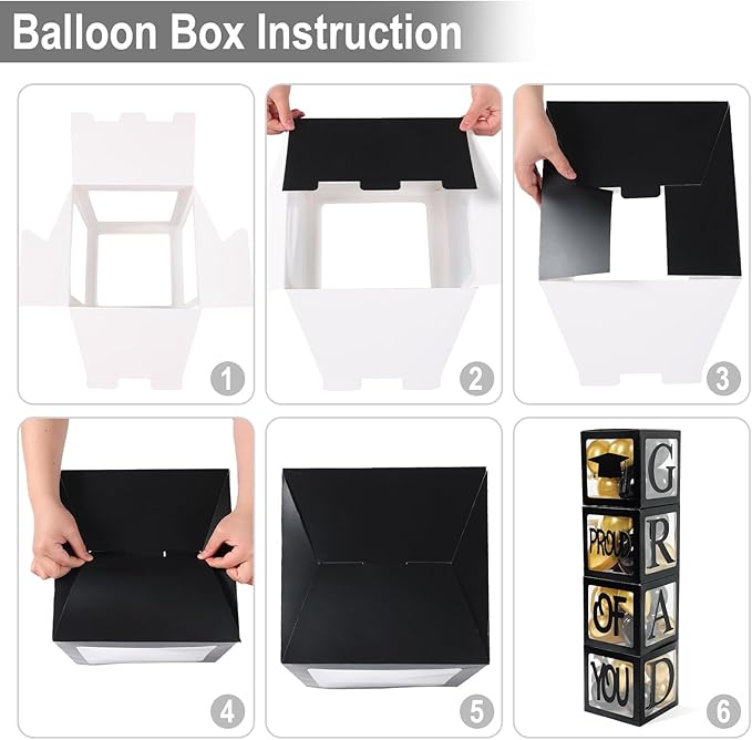 Graduation Decorations 2026,4 Pcs Transparent Balloon Boxes with Letters of GRAD,PROUD OF YOU,Class of 2026 and 130pcs Black and Gold Balloons Arch Kit for High School College 2026 Grad Party Supplies