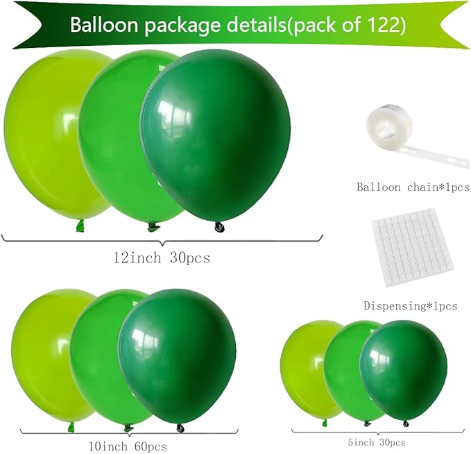 Green Balloon Garland Arch Kit, 122PCS Green Dark Green Lime Green Party Latex Balloons for Festival Picnic Jungle Forest Football Themed Birthday Party Decoration