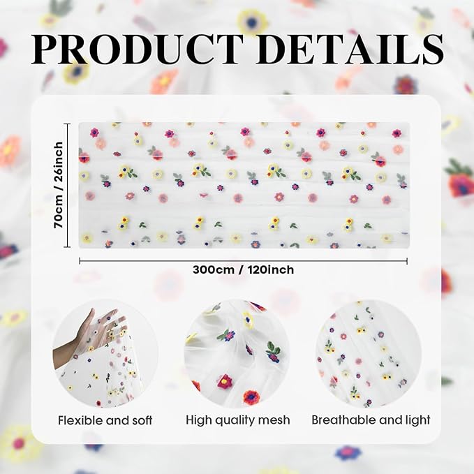 Artoid Mode Milky White Wildflower Floral Gauze Embroidery Table Runner 120 Inch 10FT, Tulle Seasonal Spring Kitchen Dining Table Decor for Home Party