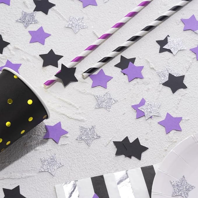 Purple Black and Silver Star Confetti Table Decoration for Birthday Retirement Graduation Bachelor Party,1.2 inch in Diameter,200 Counts
