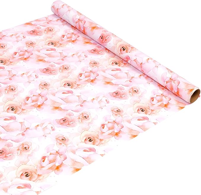 Pink Flower Wrapping Paper, Reversible Pink Wave Point Baby Girl Women Wrapping Paper Gift Wrap for Birthday, Valentines, Mothers day, Graduation, Wedding, Fathers day, Baby Shower (17in x 32.8ft)