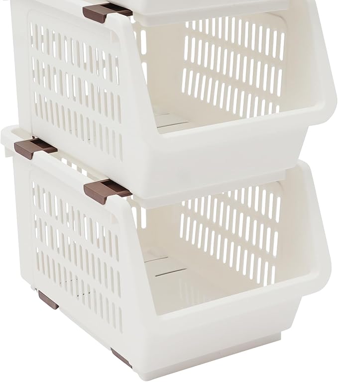4-Pack Stackable Plastic Storage Baskets - Open Front Organizer Bins for Kitchen, Pantry, and Bathroom Essentials (White)