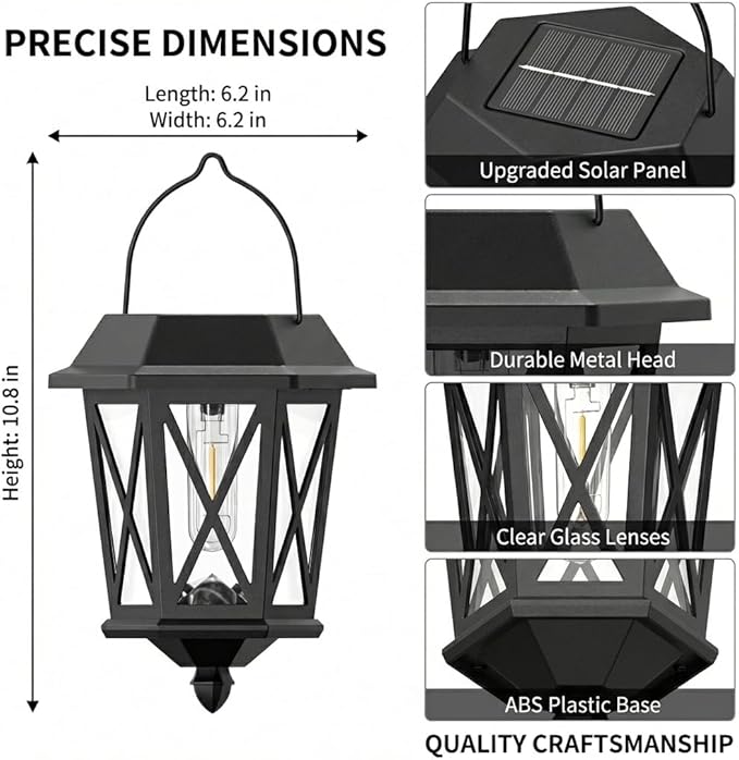 Solar Lanterns Outdoor Waterproof, Hanging Solar Lights with Glass Shade - 2 Pack LED Metal Wall Mount Outdoor Light for Yard/Garden/Patio - Black