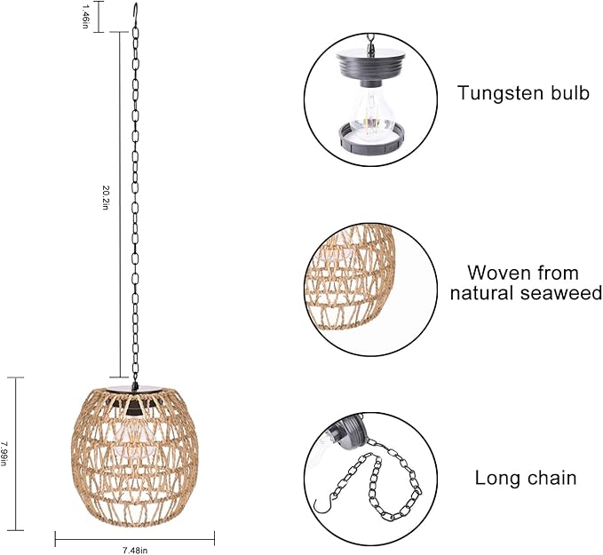 Livinlarge Boho Pendant Solar Light Rustic Hand-Woven Rattan Chandelier Coastal Retro Lamp Wedding Garden Courtyard Hallway Entryway Decoration.