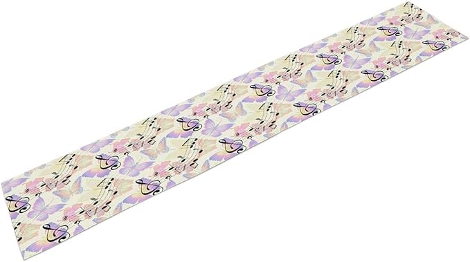 Music Butterfly Table Runner, Beautiful Musical Notes Spring Butterfly Background Print Table Runner for Holiday Kitchen Dining Outdoor Home Party 13x60in