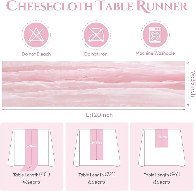 Sioloc 10 Pack Light Pink Cheesecloth Table Runner 120'' x 35'',Spring Easter Decor Soft Gauze Boho Wedding Table Decor for 10ft Table Birthday Party,Baby Shower, Bridal Shower, Home & Event Decor