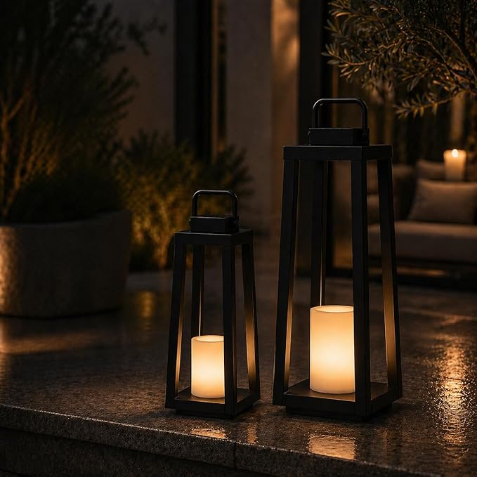 H16 Modern Outdoor Solar Lantern Black Metal Frame with Flickering LED Candle Waterproof and Portable for Patio Deck or Pathway Decorative Sconce with Warm LED