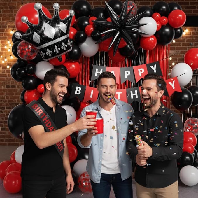 Red and Black Birthday Party Decorations 152Pcs, Red Black White Balloons Arch Kit with Banner Fringe Curtains for 16th 18th 21st 24th 32th 40th 50th 60th Birthday Decorations for Men
