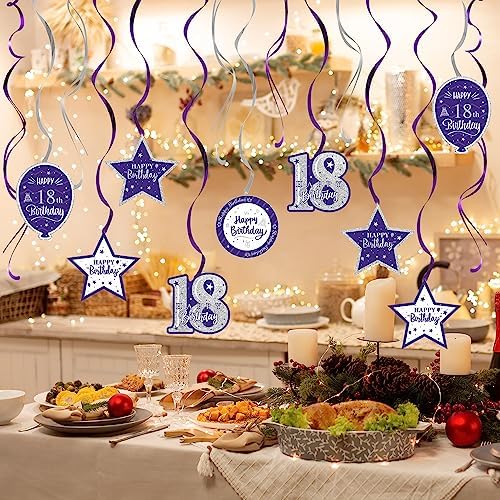 Happy 18th Birthday Purple & Silver Glitter Swirls Streamers Party Decorations - 15 Pcs 18th Birthday Hanging Swirls Streamers Kit,Cheers to Eighteen Years Old Bday Party Sign.
