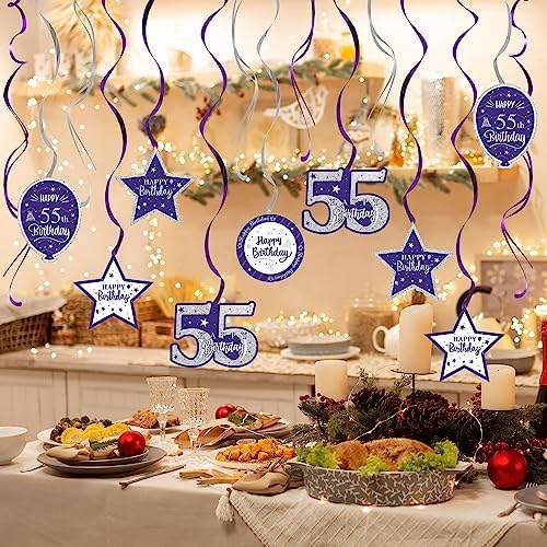 Happy 55th Birthday Purple & Silver Glitter Swirls Streamers Party Decorations - 15 Pcs 55th Birthday Hanging Swirls Streamers Kit,Perfect for 55th Bday Party Sign.