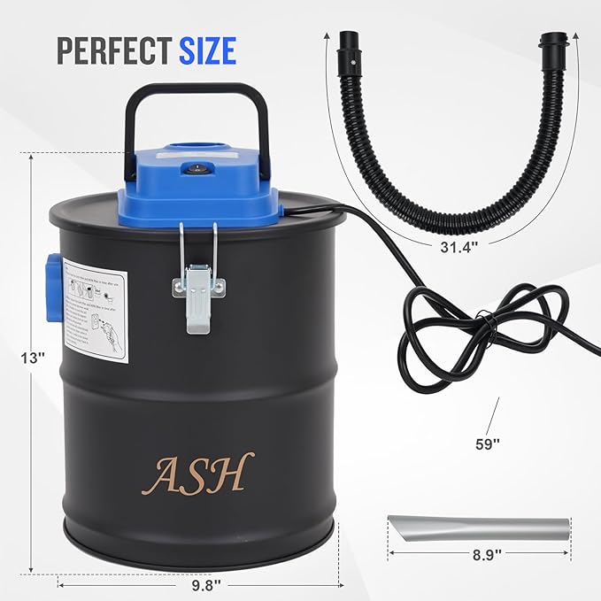 Ash Vacuum Cleaner -3.2 Gallon Fireplace Ash Vac with 800w Powerful Hose Non-Woven Dust Separator | Dry Stove Vacuum for Fireplaces Pellet Grill Wood Stove Fire Pits Blue