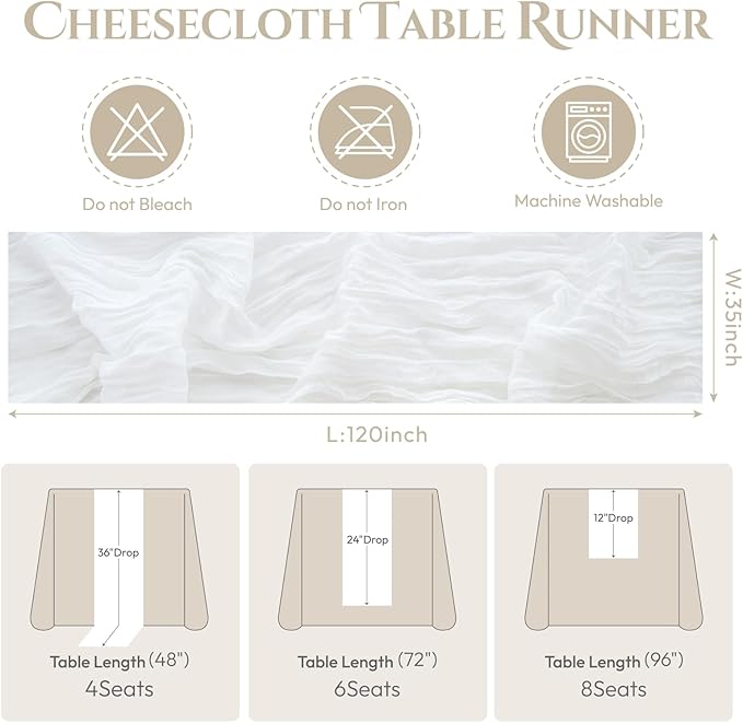 Sioloc Ivory White Cream Cheesecloth Table Runner 120'' x 35'',Spring Easter Decor Soft Gauze Boho Wedding Table Decor for 10ft Table Birthday Party,Baby Shower, Bridal Shower, Home & Event Decor