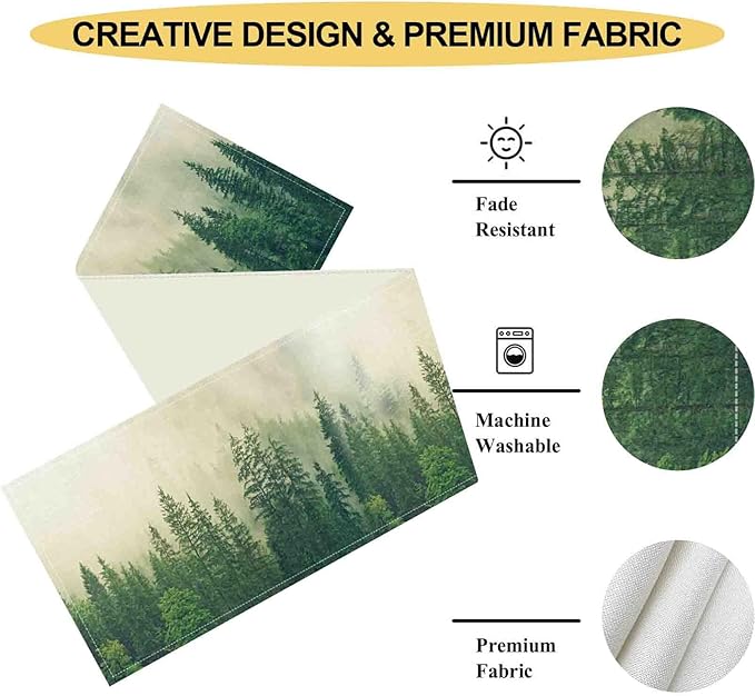 Forest Table Runner, Rustic Farmhouse Misty Pine Tree Woodland Jungle Mountain Country Coffee Table Center Decor for Kitchen Dining Patio Holiday Party Indoor Outdoor Table Decorations, 13"x90" Inch