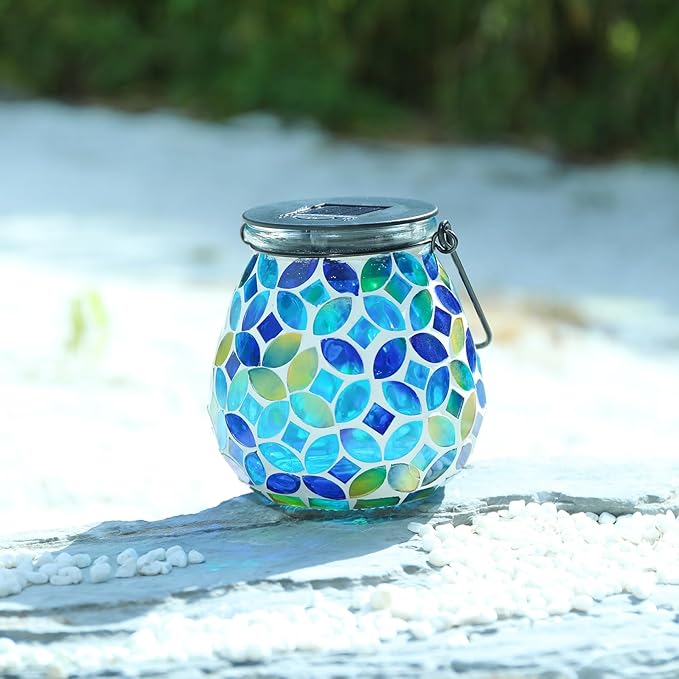 Afirst Mosaic Solar Lanterns Outdoor - Glass Hanging Solar Lights Hollow Out Waterproof Table Lamp Outdoor Decorative for Garden, Patio, Holiday Party Outdoor Decoration