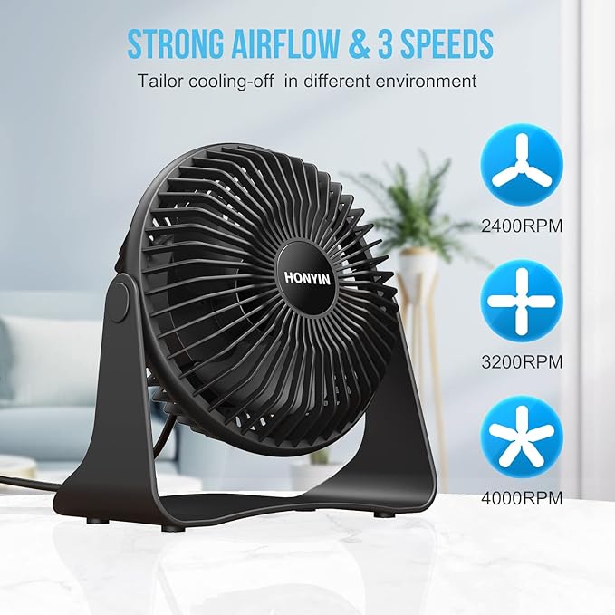 HONYIN Small USB Desk Fan, 3 Speeds Desktop Table Cooling Fan, 360° Rotatable, Strong Wind, Quiet Personal Little Fan Powered by USB for Bedroom Home Office