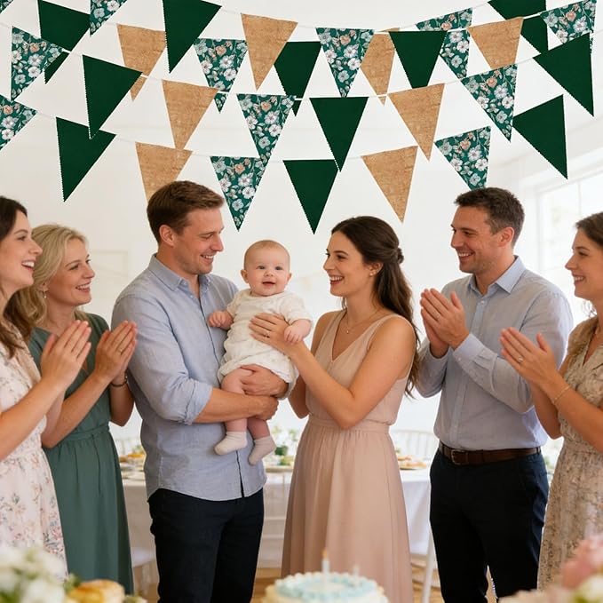 Zwiebeco 39Ft Dark Green Floral Fabric Pennant Banner Vintage Burlap Triangle Flag Retro Flower Bunting Party Decoration for Birthday Engagement Wedding Bridal Baby Shower Rustic Village Garden Decor