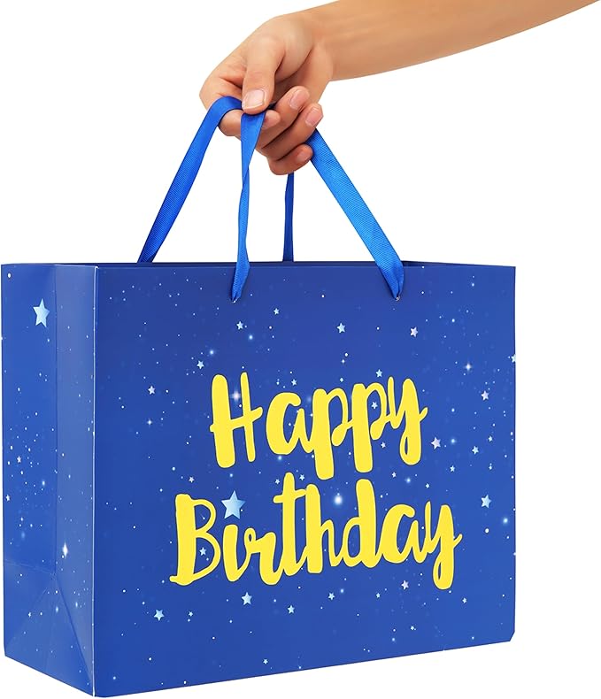 Qirrmiy 13" Large Blue Gift Bag Set with Greeting Card and Tissue Papers (Stars and Gold Foil‘Happy Birthday’) for Men's or Boys, Girls or Kids, Baby, Husband, Father