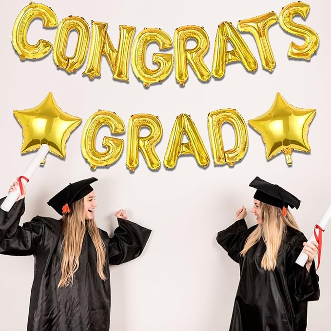16 Inch Gold Congrats Grad Banner Balloons Congrats Grad Letters Balloons Graduation Decorations 2026 for Graduation Celebration Party Supplies
