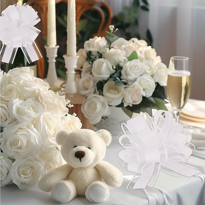 20pcs 7 Inch Pull Bows White Gift Wrap Bows for Gift Wrapping, Ribbon, Basket, Bridal, Shower, Christmas, Valentine's, Birthday Party Decorations