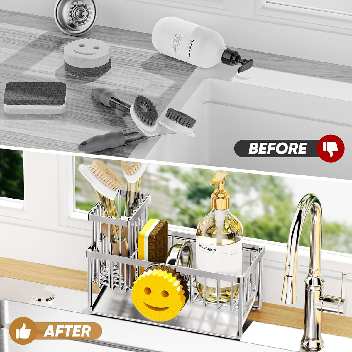 Sponge Holder for Kitchen Sink,Smiley Face Sink Caddy with Removable Brush Holder,Self-Draining Sponge Caddy for Soap,Dish Brush,Scrubber,Kitchen Essentials and Gadgets-Silver