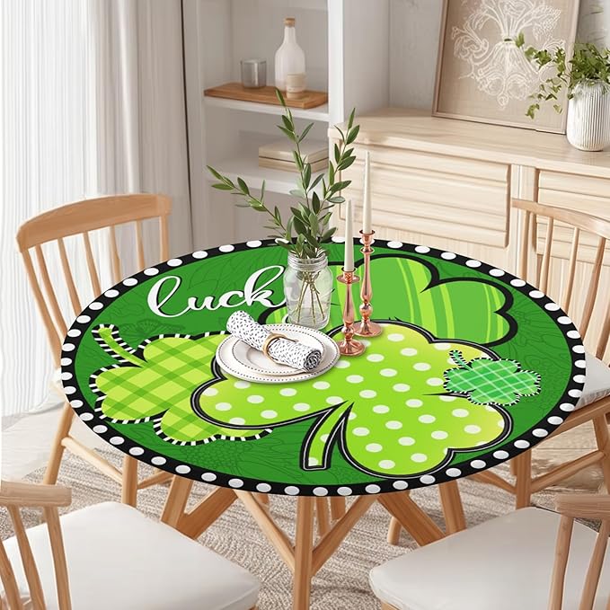 St Patricks Day Round Fitted Tablecloth with Elastic Green Shamrock Lucky Circle Table Cover for 36-40" Tables Spring Clover Wipeable Waterproof Washable Table Cloth for Party Picnic Dining Decor