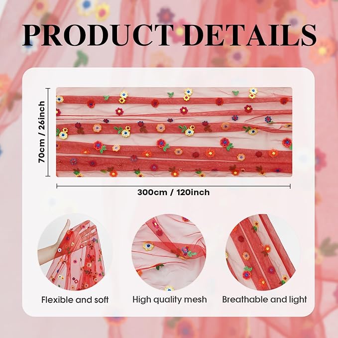 Artoid Mode Red Embroidery Daisy Gauze Table Runner 120 Inch 10FT, Seasonal Sheer Kitchen Dining Holiday Wedding Birthday Table Decor for Home Party
