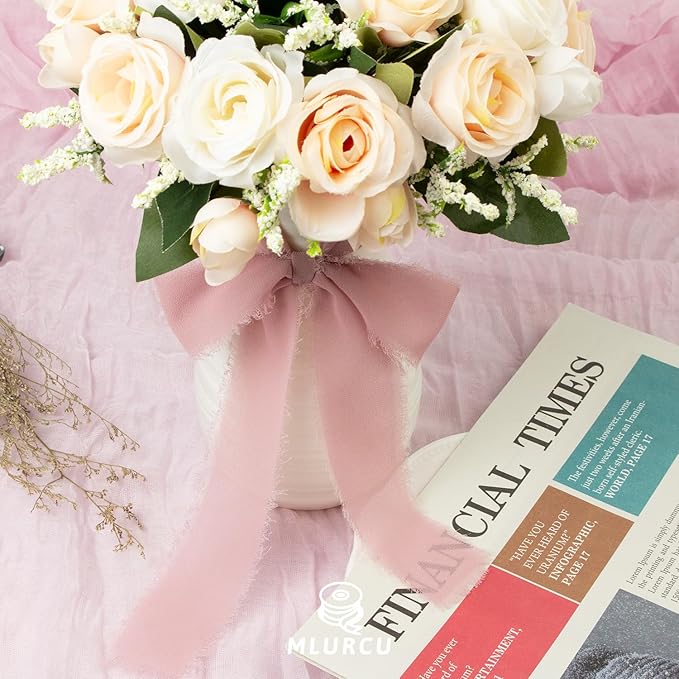 Dusty Rose Chiffon Ribbon 1-1/2 Inch x 21Yards Boho Frayed Mauve Ribbon Handmade Fringe Chiffon Silk Ribbon Dusty Pink Ribbon for Gift Wrapping, Wedding Invitation, Bridal Flower Bouquets