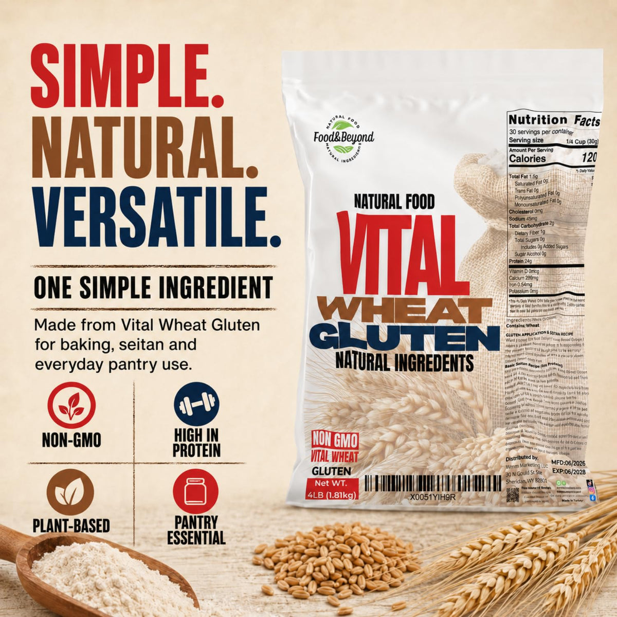 Food & Beyond Vital Wheat Gluten 4 lb | High-Protein Natural Wheat Flour | Premium Quality for Baking, Bread, Pizza Dough & Seitan Recipes