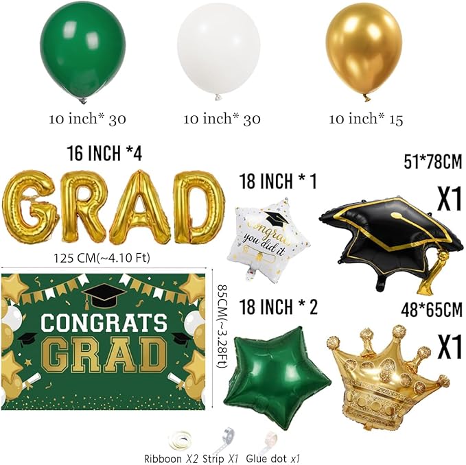 Green White Gold Balloon Garland Arch Kit with backdrop Stars Graduation Cap crown GRAD Letters Mylar Balloons for 2026 graduate Prom Decorations