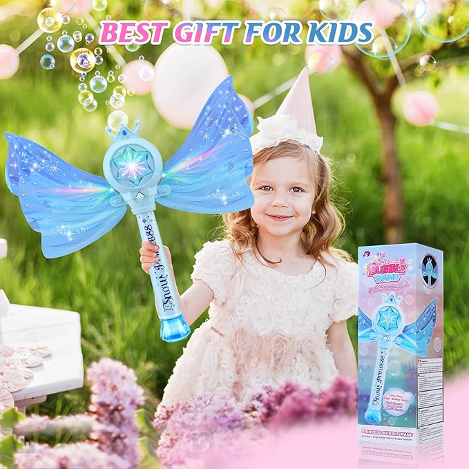Bubble Wands for Kids Girls - LED Light & Music Bubble Machine: 3 AA Batteries & 2 Bubble Solutions, Outdoor Party Birthday Toys for Toddlers, Gift for 3 4 5 6 7 8 Year Old Girls, Blue