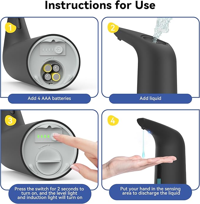 Automatic Soap Dispenser with Infrared Sensor Adjustable 4 Level Touchless Hand Soap for Kitchen, Bathroom - Battery Operated Electric Dispenser, Durable Plastic, Smart Soap Holder (400ml Black)