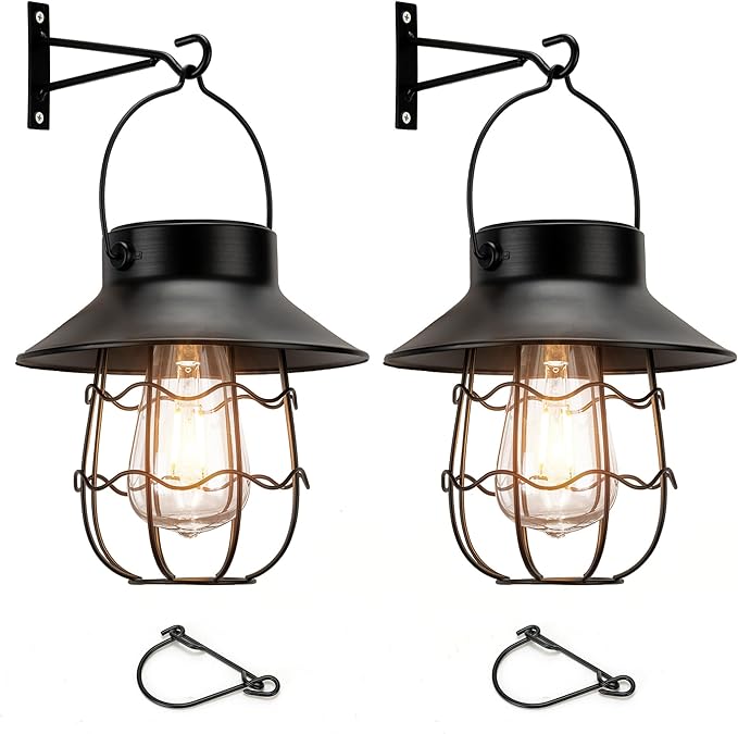 Livinlarge Hanging Solar Lanterns Waterproof,2 Pack Outdoor Metal Solar Lights with Wall Hooks Windproof Hook,Retro Solar Lantern Auto On/Off for Yard Garden Pathway Patio Porch Decor (Black)