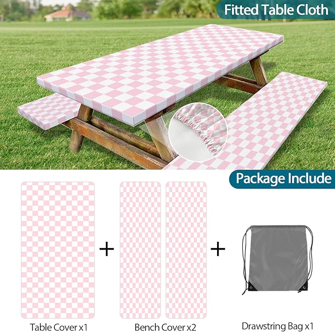 Picnic Table Cover with Bench Covers and Bag, Pink and White Checkered Gingham Buffalo Plaid Camping Tablecloth Cover Waterproof Windproof Elastic Edges Fitted Tablecloths for Outdoor 3PCS 30x96 Inch