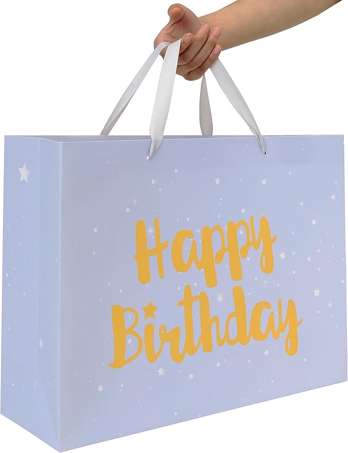 Qirrmiy 16.5” Extra Large Gray Happy Birthday Gift Bag Set with Handles, Greeting Card, Tissue Papers and Stickers for Men Boys Women Girls Kids, Stars Design, 1 Pcs.