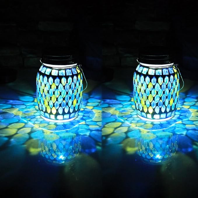 Solar Mosaic 2pack Outdoor Waterproof Cool Blue Mosaic jar Decor Christmas Gifts for Women Mom Grandma Halloween Hanging Solar Lights Decoration Outside for Yard, Patio,Backyard,Porch (Contemporary)