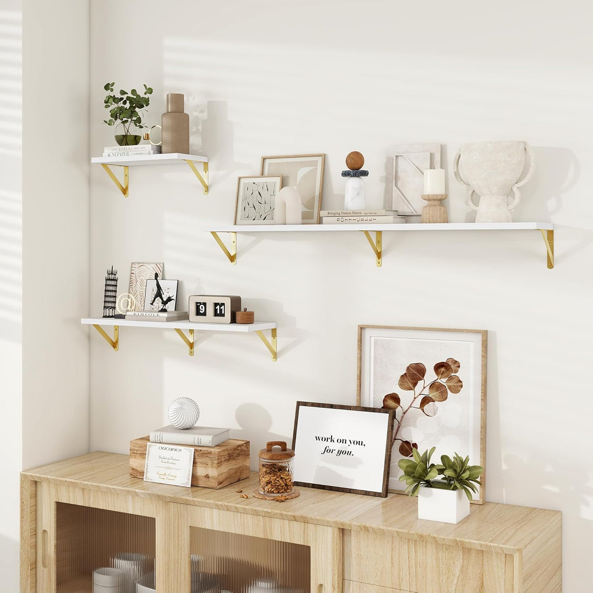 Dreamland White and Gold Shelf, 48W x 8D Wall Mounted Shelves Set of 2, Wide Display Ledge Shelf with Sturdy Metal Brackets for Living Room, Bathroom