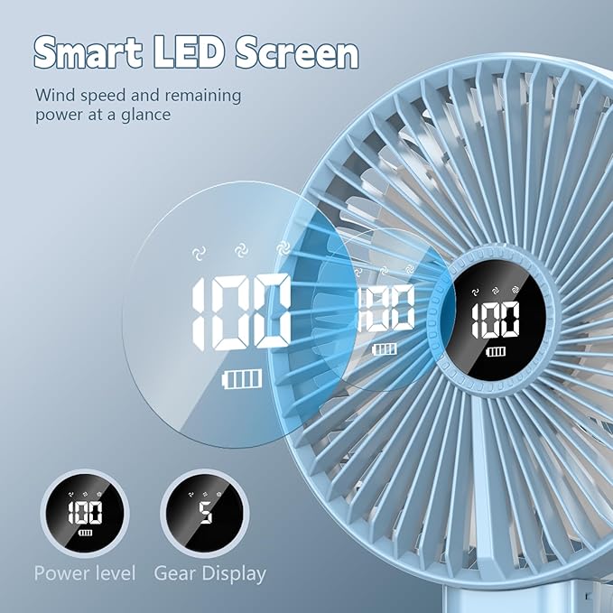 Large Portable Hand Fan, 6 inch Blades, High Airflow with 5 Speeds & LED Display, 180° Foldable Desk/Handheld/Travel Fan with Hook Design, Up to 8.5H Working Time for Indoor Outdoor Travel Office