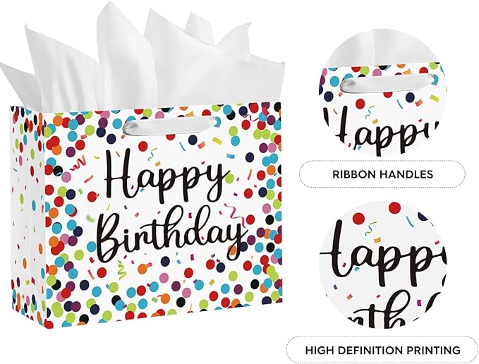 Horaldaily 13" Large Birthday Gift Paper Bags with Tissue Paper and Card, Happy Birthday Dots Streamers Gift Paper Bag for Men Women Kids Birthday,1Pcs